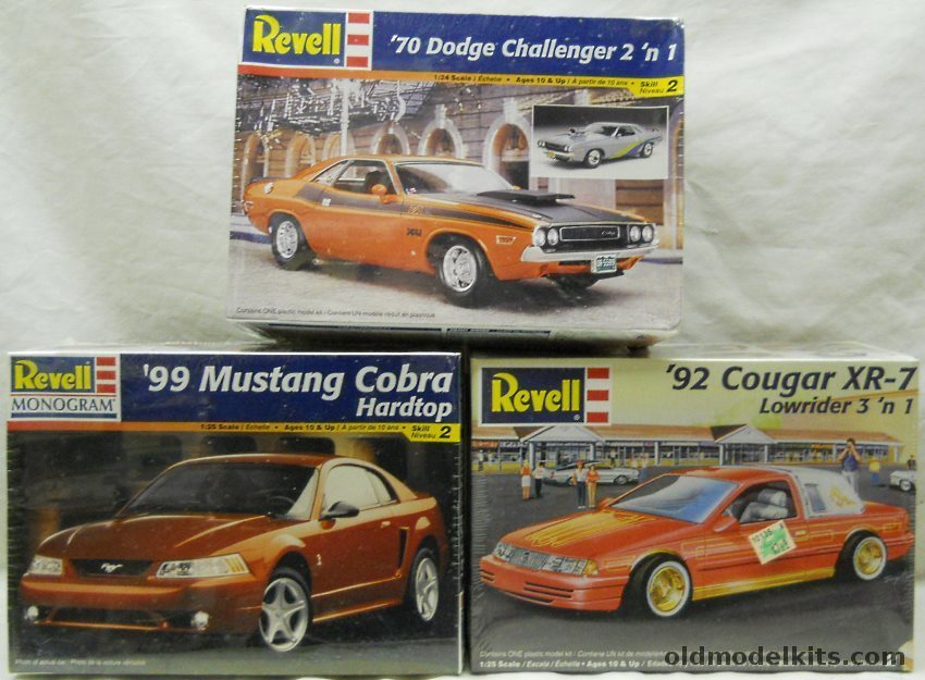 Revell 1/25 1992 Mercury Cougar XR-7 3 in 1 / 1999 Ford Mustang Cobra Hardtop / 1970 Dodge Challenger 2 in 1 plastic model kit